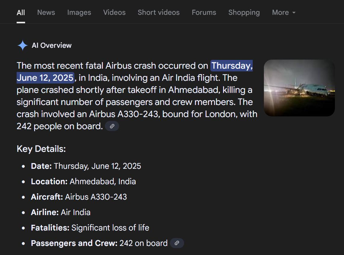 A screenshot of Google's AI Overview referencing the wrong model plane from a recent crash