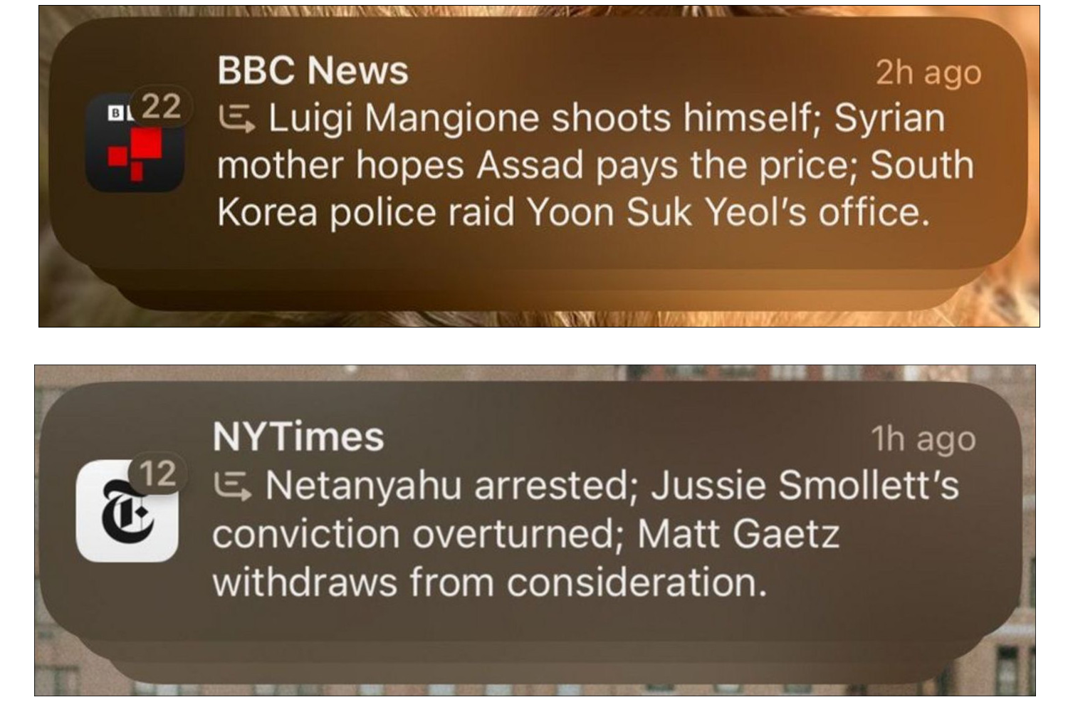 Screenshots of Apple News summaries messing up basic facts