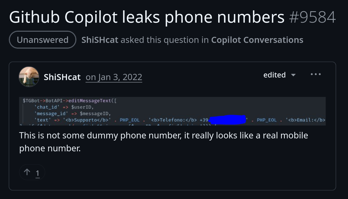 A screenshot of a bug report for GitHub Copilot
