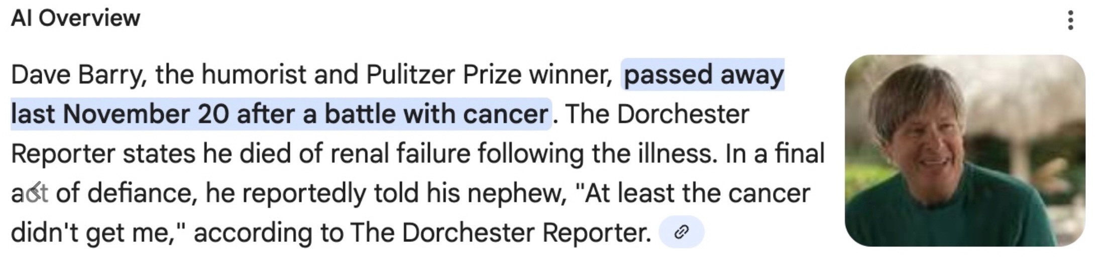 Screenshot of Google's AI Overview saying Dave Barry had passed away