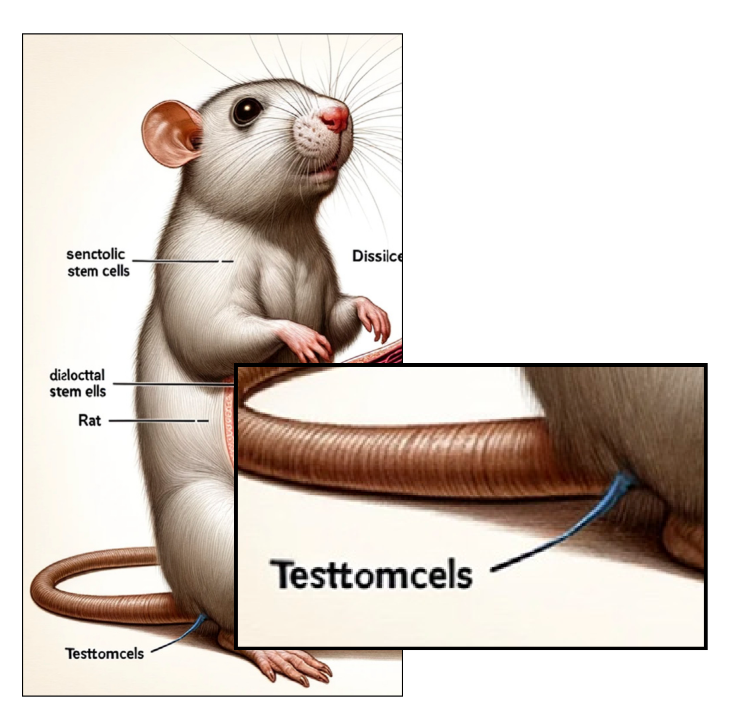 An AI generated diagram of a rat with garbled text and ambiguous labels