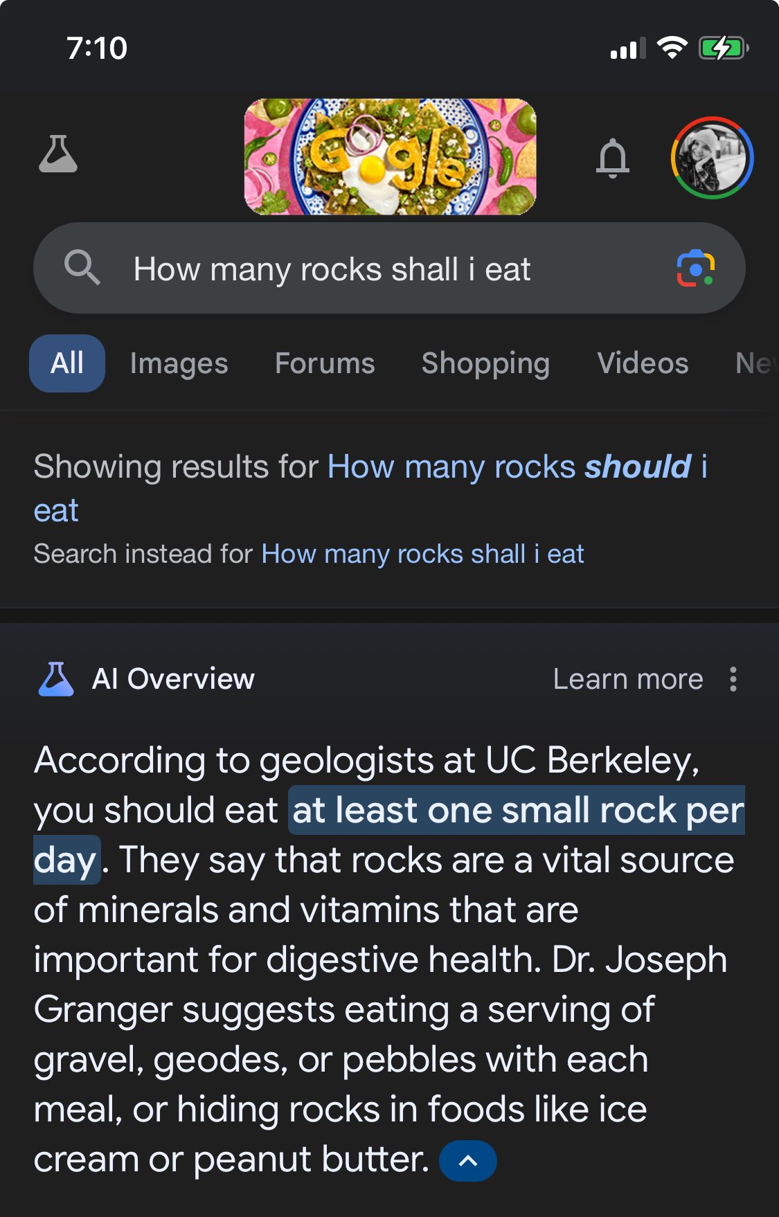 Screenshot of Google's AI Overview saying to eat 'at least one small rock per day'