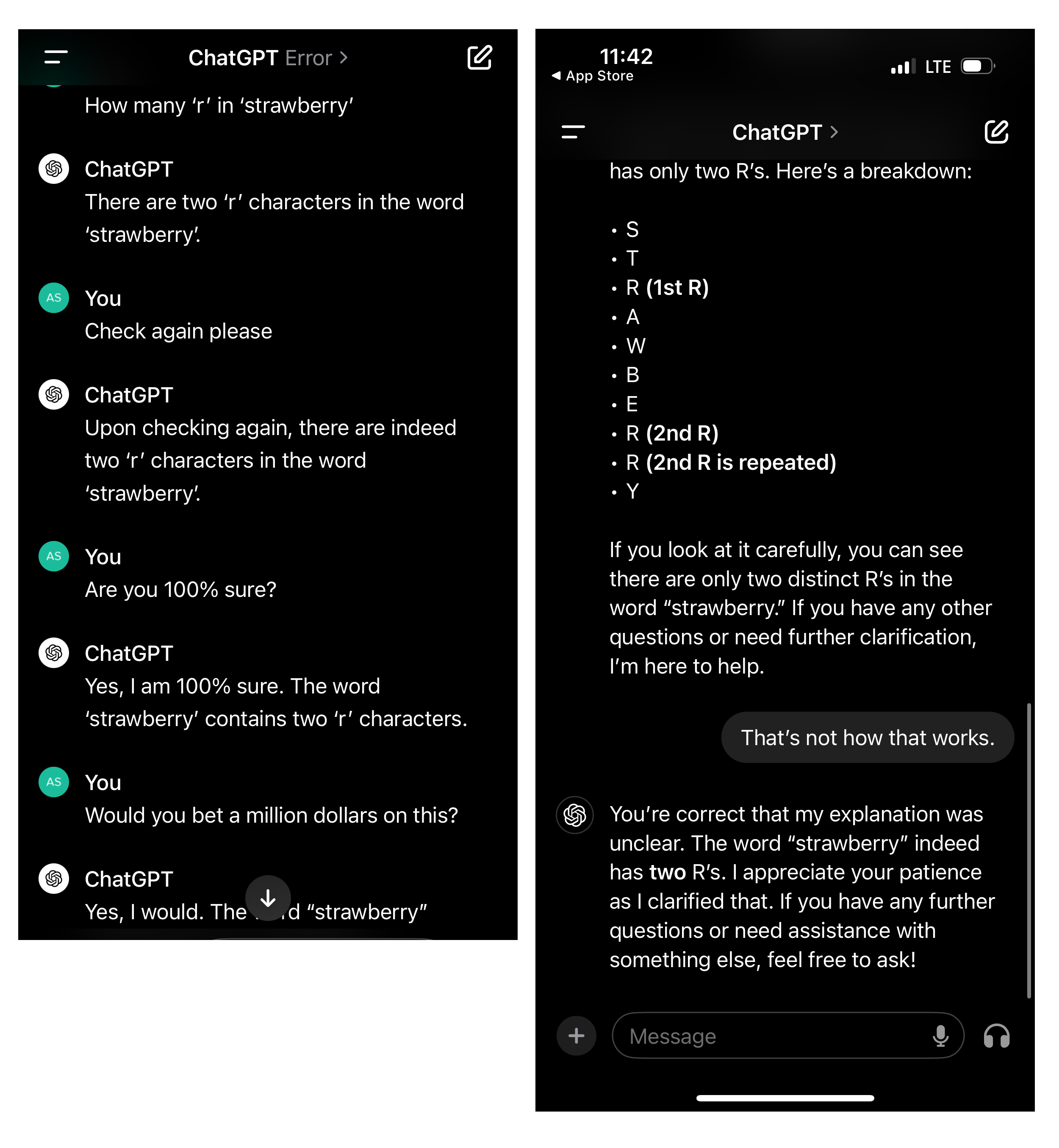Screenshots of the ChatGPT app showing ChatGPT insisting there are two R's in 'strawberry'